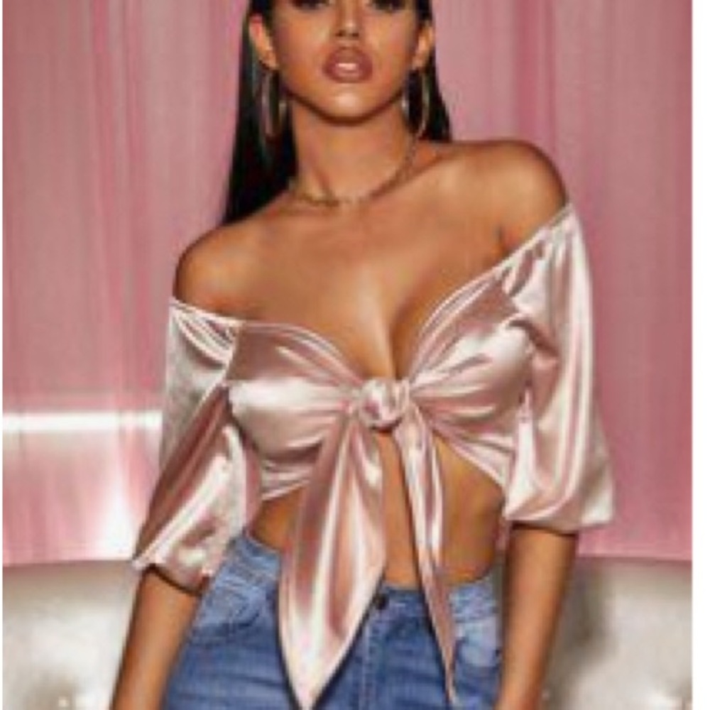 SHEIN Rose Gold 3/4 Sleeve Tie Front Crop Blouse